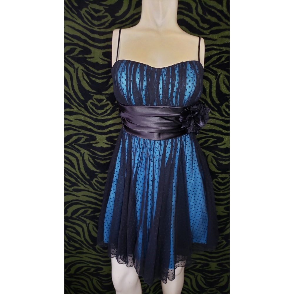 Formal blue & black dotted mesh dress